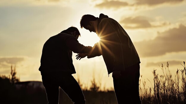 Photo men embrace in a field with the sun behind them