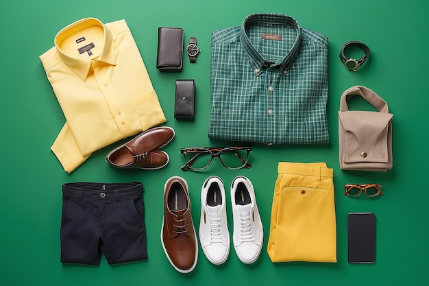 Men fashion accessories bag pant shirt shoes gift box in bag shopping on green yellow background