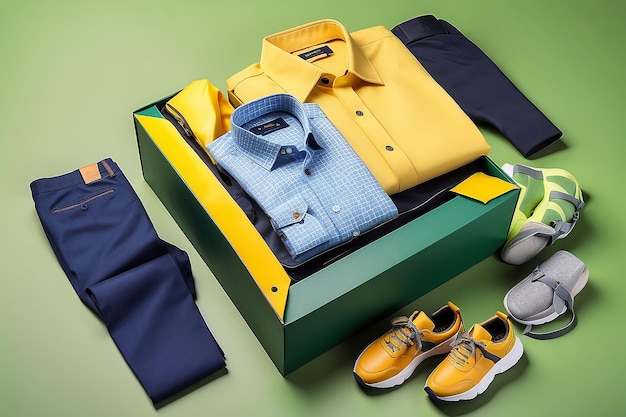 Men fashion accessories bag pant shirt shoes gift box in bag shopping on green yellow background