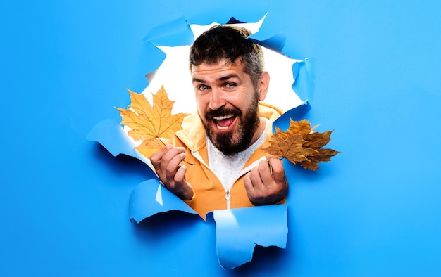 Men fashion bearded man with golden leaves autumn clothing for man season sale discount