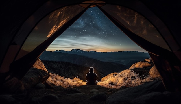 Men hiking mountain range camping under sunset generated by AI