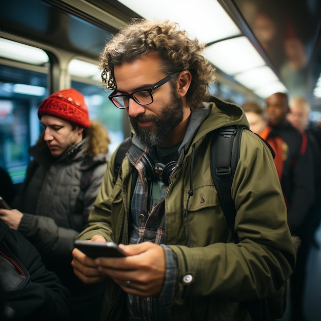 Men holding digital devices traveling on public transportation