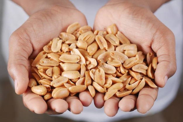 Men holding many peanuts close up