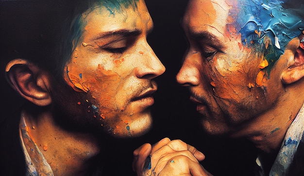 men kissing bathed in oil painting digital illustration