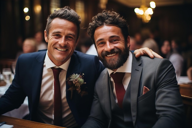 Men lgbt couple in suits with boutonniere getting married