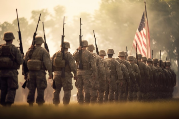 Men in military uniforms posing in front of an american flag Generative AI