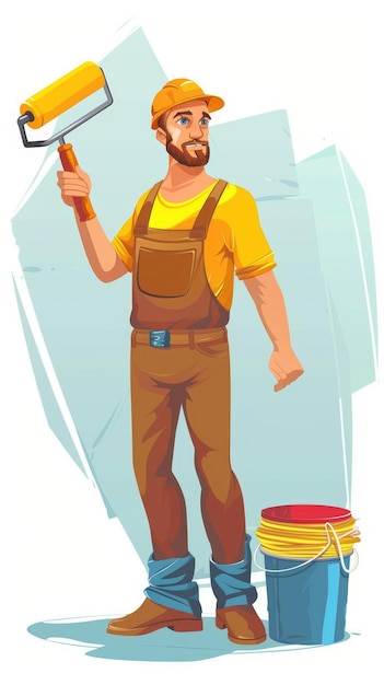 Photo men painter holds roller and bucket cartoon images