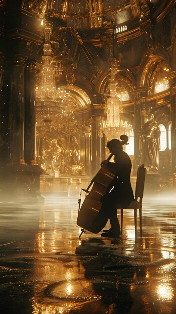 Men playing cello in lavish orchestral performance venue