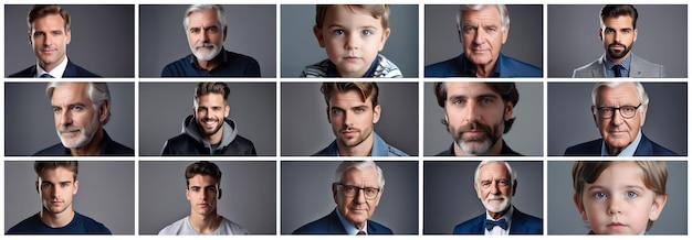 Men portraits set Different males senior and young people faces head shots grid