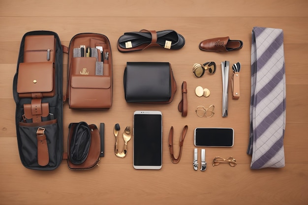 Men's accessories organized on table in knolling arrangement