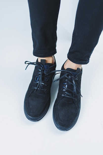 Men's casual shoes in black color made of genuine leather men on shoes in black lace shoes High quality photo