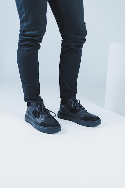 Men's casual shoes in black color made of genuine leather men on shoes in black lace shoes High quality photo