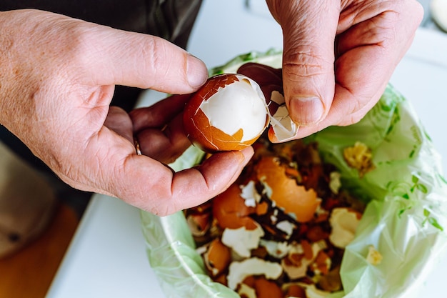 Men's hands clean shell from boiled eggs in bucket of biological food waste