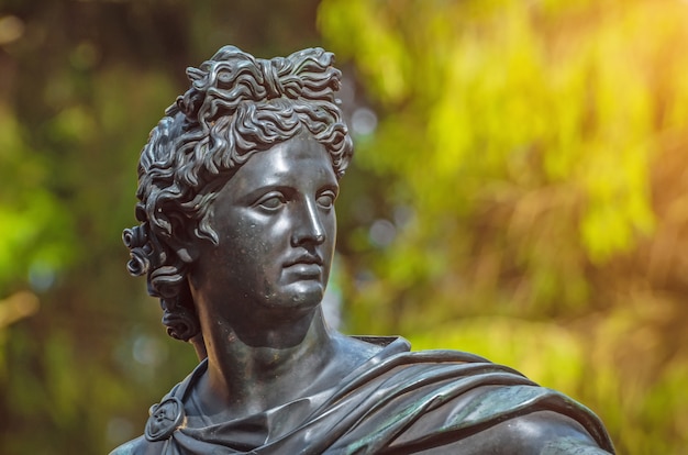 Men's head bronze statue of the deity in the woods