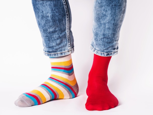 Men's legs and bright socks Without shoes