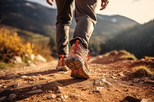 Men's legs with sports shoes and a backpack run along a mountain path Generative AI