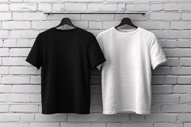 Men's white and black tshirt with short sleeve mockup hanging on hangers on white brick wall Front view 3d realistic illustration Generative ai