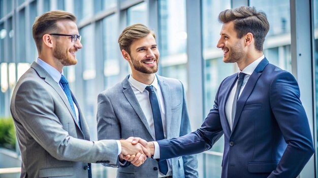 Photo men shaking hands in a building with a window behind them