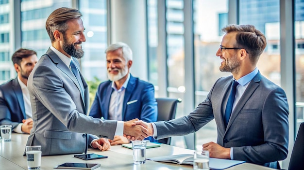 Photo men shaking hands in a meeting with one of them shaking hands