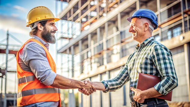 Photo men shaking hands one of them is shaking hands the other is wearing a yellow hard hat