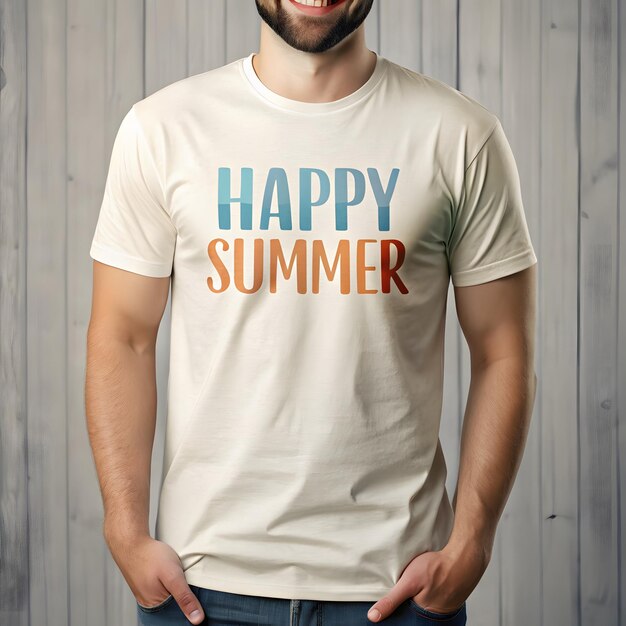 Photo men short sleeve tshirt design mockup text in happy summer