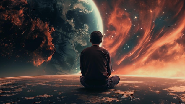 A men sitting at earth and watching a huge planet lonely one person capture at backside