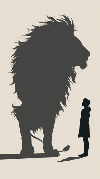 Photo a men stands with the shadoe of lion on coloured background generative ai