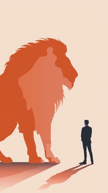 Photo a men stands with the shadoe of lion on coloured background generative ai