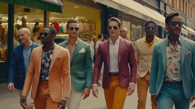 Men in suits walk down a street in london