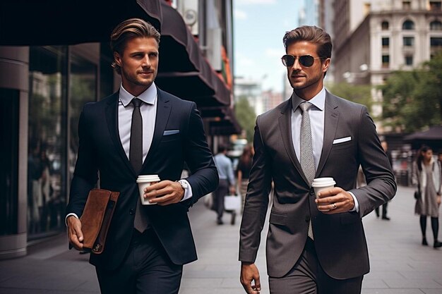 Photo men in suits walking down a street one of which has a book in his hand