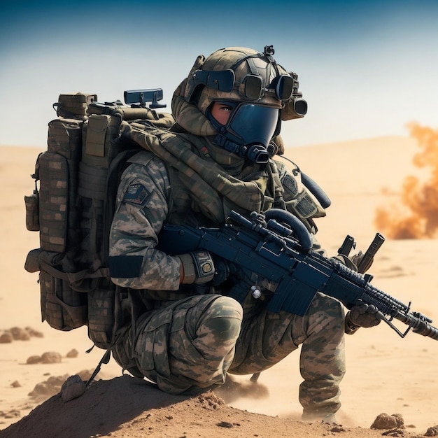 Men in uniform aiming rifles on battlefield