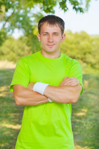 A men wearing in green tshirt