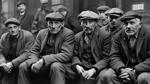 Men wearing hats sit in front of a building.