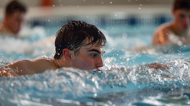 Men and Woman Swimming Freestyle in pool