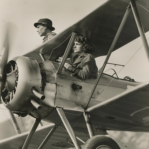 Photo men and women in a classic aviation scene with biplanes flying side by side