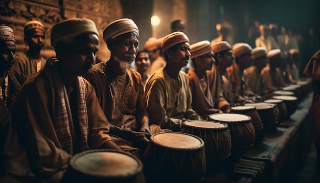 Men and women sit playing wood instruments generated by AI