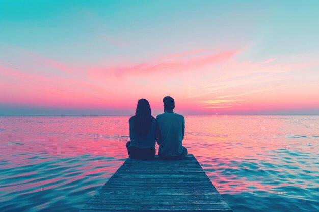 Photo men and women watching sunset on wooden pier in crete