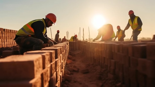 Men working on a building site, one of which has a red helmet on.