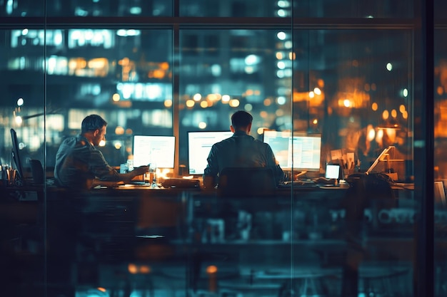 Photo men working late at night in the office with a softly blurred background creating focus