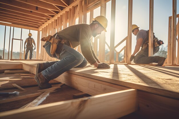 Men working on a wooden floor in a house with sun shining on them