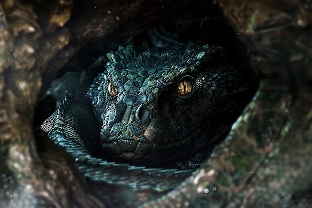 Menacing Basilisk in Dark Cave Mythical and Dangerous Power