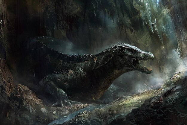 Menacing Basilisk in Dark Cave Mythical and Dangerous Power