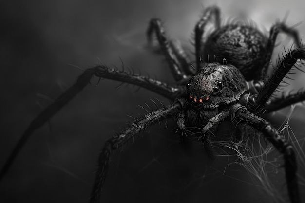 Photo menacing black spider closeup on dark background