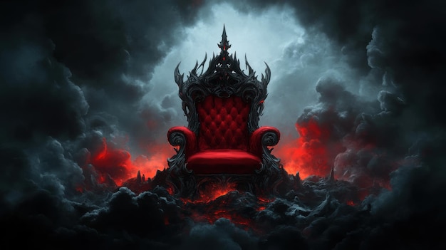 Photo a menacing black throne with intricate carvings set in a smoky atmosphere with fiery red light beneath creating a dramatic scene