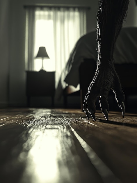 Photo a menacing claw approaches a dimly lit bedroom floor