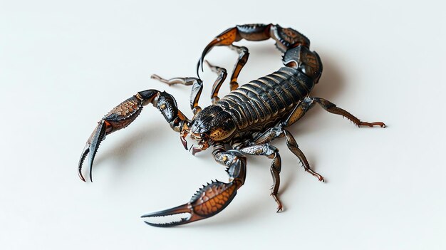 A menacing looking black scorpion with large pincers is captured in a closeup photograph