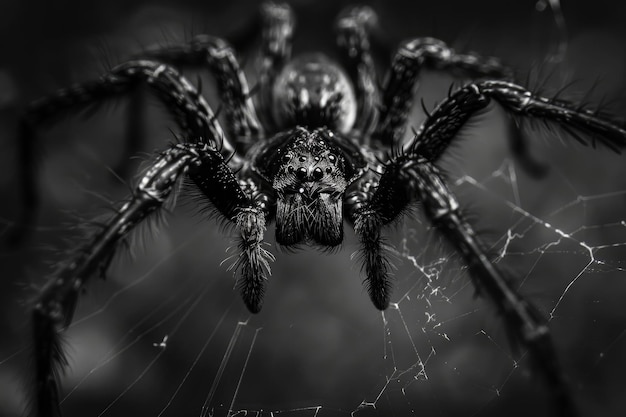 Photo menacing spider on web in black and white