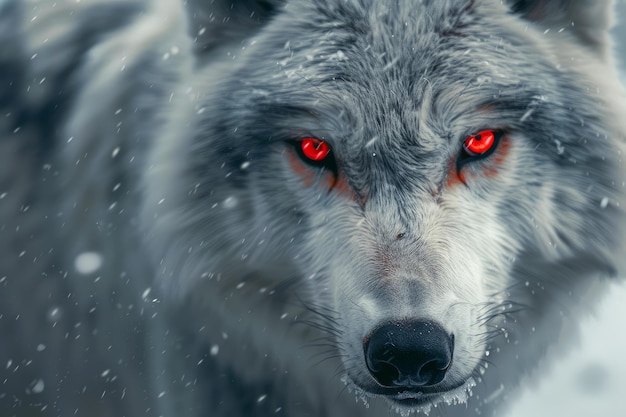 Photo menacing wolf with red eyes in snowy environment