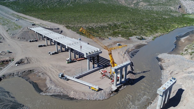 Mendoza, Argentina, April 23, 2018: Construction of a highway bridge over the Rio Diamante.