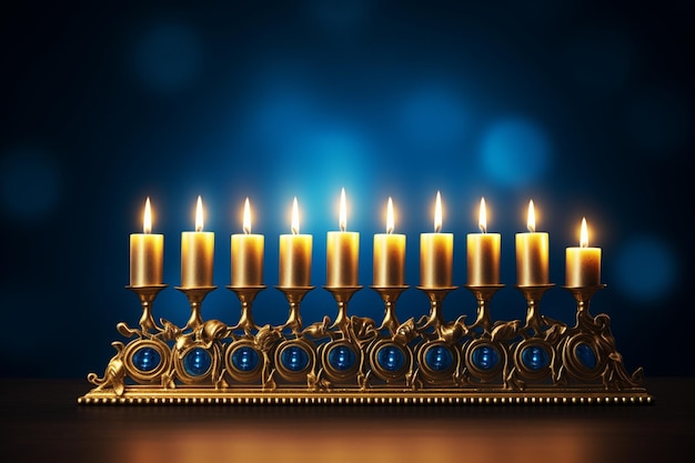 Photo a menorah with candles burning brightly on a table